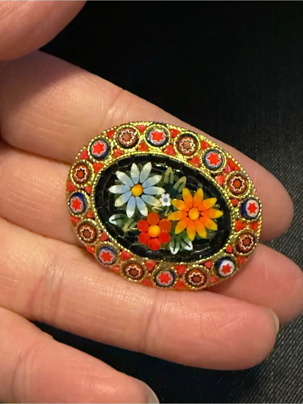 Vintage Handmade Italian Micro Mosaic Floral Brooch